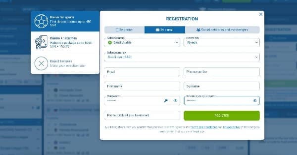 Choose the sportsbook welcome offer and enter the sign-up information on 1xbet Saudi Arabia
