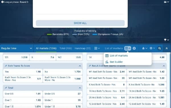 Open the List of Markets drop-down menu and tap Bet Builder on 1xbet Saudi Arabia