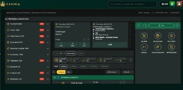 Browse the available sports and choose a competition and event to bet on Casinia