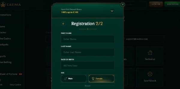 Fill out the Casinia sign-up form with your personal information