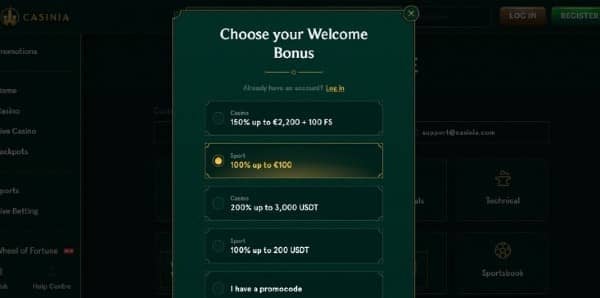 choose the sportsbook welcome gift on Casinia sport