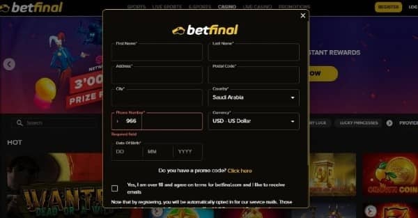 Enter your name, address, postal code, and city, enter your country, phone number, and date of birth on Betfinal