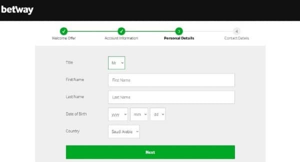 Fill out your personal information on Betway