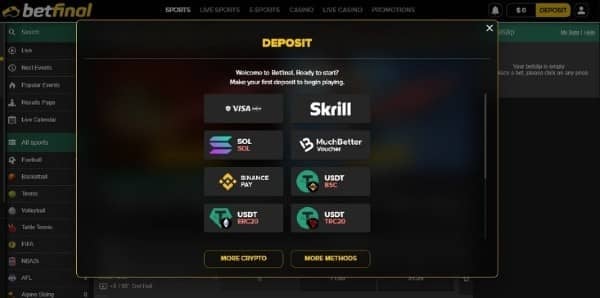 Preview the information, accept the Betfinal terms of service, submit the registration form and deposit money on Betfinal