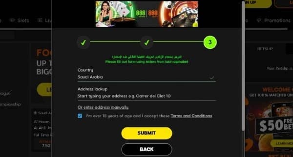 Select Saudi Arabia as your country, provide your address information on 888sport