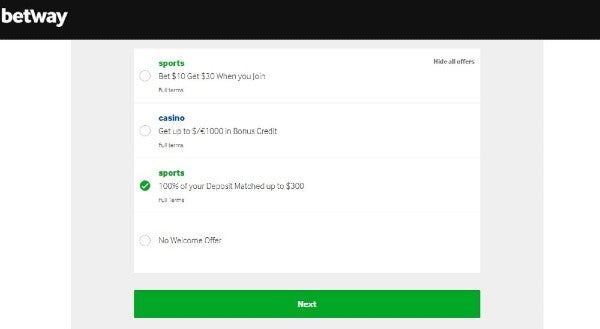 choose your preferred sportsbook welcome offer on Betway