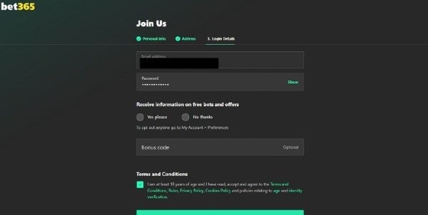 create a password and accept the bet365 terms of service