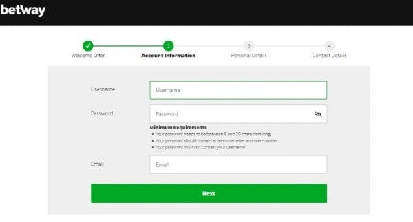 create a username, strong password and enter your email on Betway