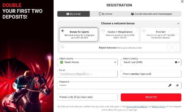 Choose the sportsbook welcome bonus, select your country (Saudi Arabia) and currency (SAR), enter your email and phone number, then create a strong password on Megapari sport