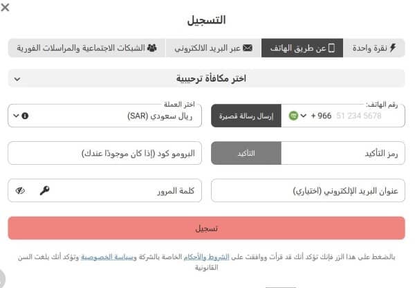 اختر طريقة التسجيل باستخدام رقم هاتفك على Megapari sport